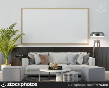 3D illustration Interior poster mockup frames hanging over a sofa in scandinavian style living room. 3d rendering.