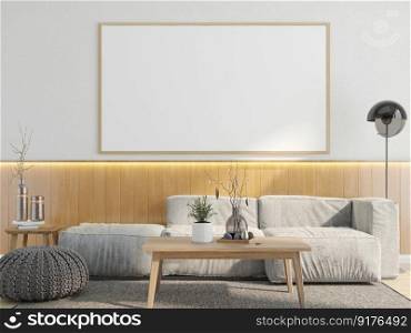 3D illustration Interior poster mockup frames hanging over a sofa in scandinavian style living room. 3d rendering.