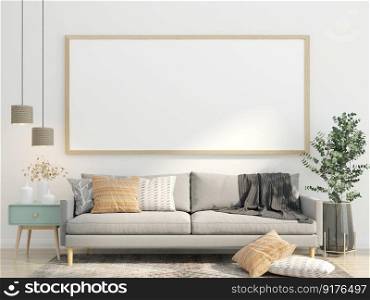 3D illustration Interior poster mockup frames hanging over a sofa in scandinavian style living room. lamp and plant in pont on floor, 3d rendering.