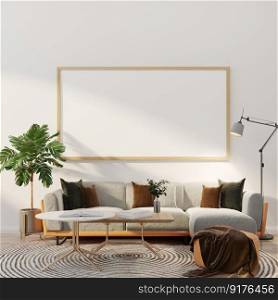 3D illustration Interior poster mockup frames hanging over a sofa with coffee table on carpet in scandinavian style living room. plant in pot and tall l&, 3d rendering.