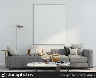 3D illustration Interior poster mockup frames hanging over a sofa with cushions in scandinavian style living room. 3d rendering.