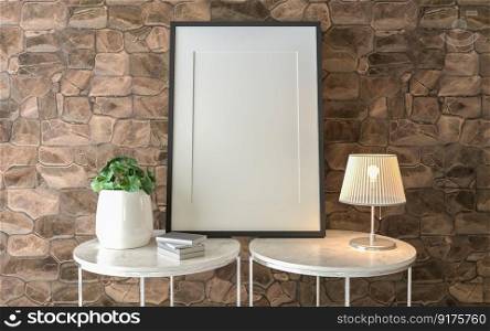 3D illustration Interior poster mockup frames stand on desk in scandinavian style living room with plant pot. stone wall in background, 3D rendering.