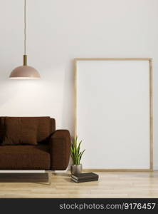 3D illustration Interior poster mockup frames stand on floor near brown fabric sofa and plant in pot, ceiling lamp over sofa in scandinavian style living room. 3d rendering.