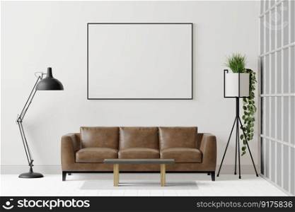 3D illustration Interior white living room with leather coach and tall lamp, the blank horizontal poster mockup frames hanging over sofa set in scandinavian style. 3d rendering.