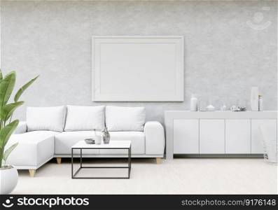 3D illustration Interior with coach and ceiling l&, the blank poster mockup frames hanging over sofa set in scandinavian style living room. 3d rendering.