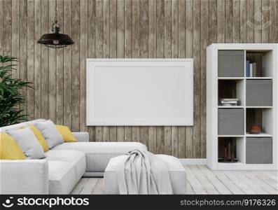 3D illustration Interior with coach and ceiling l&, the blank poster mockup frames hanging over sofa set in scandinavian style living room. 3d rendering.