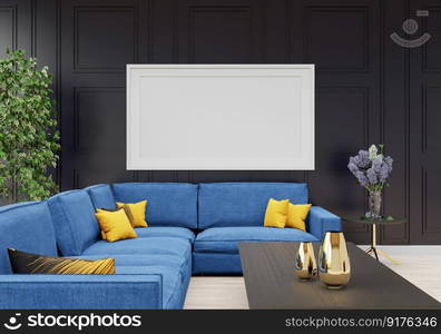 3D illustration Interior with coach and ceiling l&, the blank poster mockup frames hanging over sofa set in scandinavian style living room. 3d rendering.