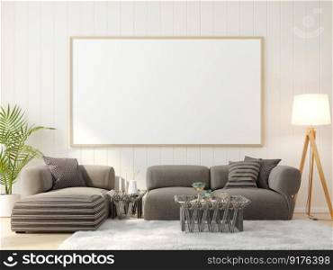 3D illustration Interior with coach and ceiling l&, the blank poster mockup frames hanging over sofa set on carpet and coffee table in scandinavian style living room. 3d rendering.