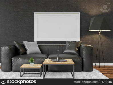 3D illustration Interior with coach and ceiling lamp, the blank poster mockup frames hanging over sofa set in scandinavian style living room. 3d rendering.