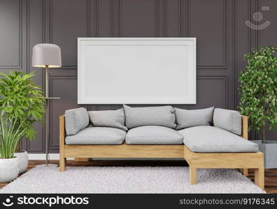 3D illustration Interior with coach and ceiling lamp, the blank poster mockup frames hanging over sofa set in scandinavian style living room. 3d rendering.