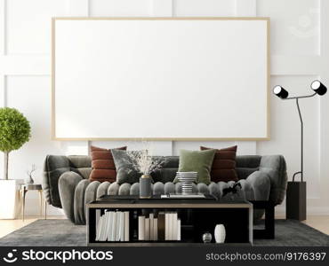 3D illustration Interior with coach and ceiling lamp, the blank poster mockup frames hanging over sofa set and coffee table with bookshelf in scandinavian style living room. 3d rendering.