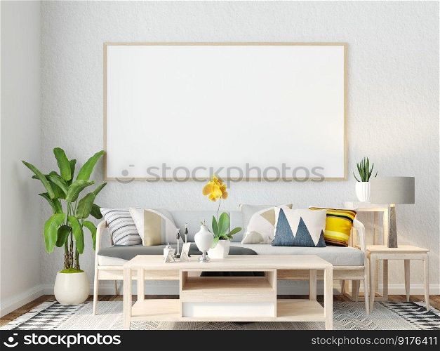 3D illustration Interior with coach and ceiling lamp, the blank poster mockup frames hanging over sofa set and coffee table in scandinavian style living room. 3d rendering.