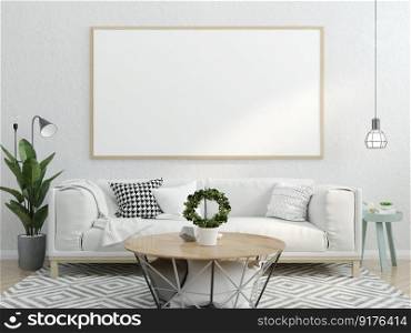 3D illustration Interior with coach and ceiling lamp, the blank poster mockup frames hanging over sofa set and coffee table in scandinavian style living room. 3d rendering.