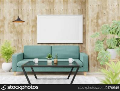 3D illustration Interior with coach and ceiling lamp, the blank poster mockup frames hanging over sofa set in scandinavian style living room. 3d rendering.