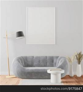 3D illustration Interior with fabric coach and tall lamp, the blank poster mockup frames hanging over a sofa in scandinavian style living room. 3d rendering.