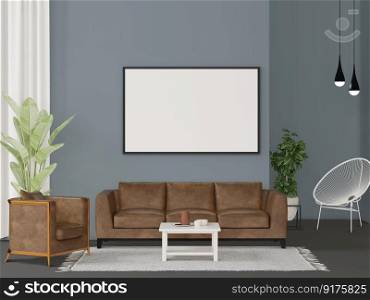 3D illustration Interior with leather coach and ceiling l&, the blank horizontal poster mockup frames hanging on gray wall over sofa set in scandinavian style living room. 3d rendering.