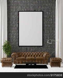 3D illustration Interior with leather coach and tall l&, blank poster mockup frames hanging brick wall over a sofa in scandinavian style living room. 3d rendering.