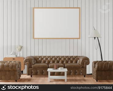 3D illustration Interior with leather coach and tall lamp, the blank horizontal poster mockup frames hanging over sofa set in scandinavian style living room. 3d rendering.