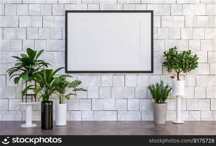 3D illustration interior with mockup poster frame hanging on the wall over plant pot, Decorated Scandinavian Style, 3D rendering 