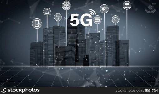 3D illustration international communication and advanced internet network connect in smart city . Concept of international 5G wireless digital connection and internet of things future.