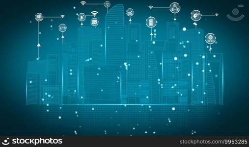 3D illustration international communication and advanced internet network connect in smart city . Concept of international 5G wireless digital connection and internet of things future.