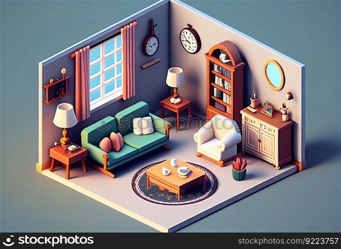 3d illustration isometric low poly living room cute illustration. AI generative.