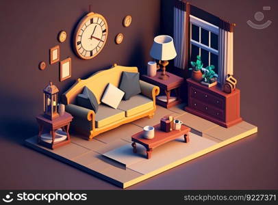 3d illustration isometric low poly living room cute illustration. AI generative.