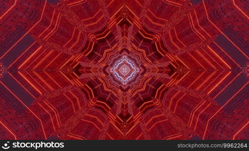 3d illustration kaleidoscopic abstract background with red neon symmetric pattern design creating optical illusion of endless futuristic tunnel. Ornamental sci fi abstract background 3d illustration