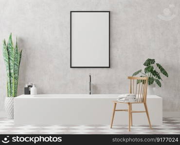 3D illustration luxury bathroom with barhtub, mockup photo frame on beautiful the wall, Decorated with comfortable equipment and plant, rendering