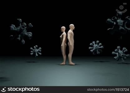 3d illustration man and women on the floor and virus float in the air