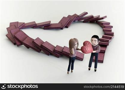 3d illustration. Man begging a woman for love by giving a big heart on Dominoes in heart shape background .