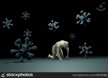 3d illustration man on the floor and virus float in the air