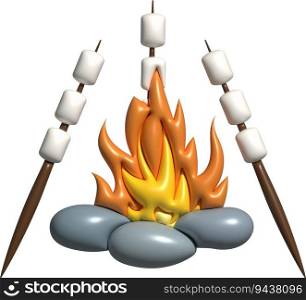 3D illustration. Marshmallow skewers grilled on fire. cooking trip camping