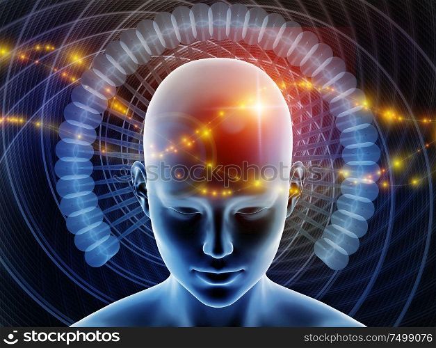 3D Illustration. Mind Halo series. 3D human head against background of radiating abstract elements on the subject of thinking, brain activity, artificial intelligence, mental resources and inner world.