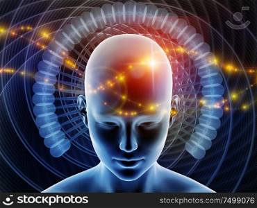 3D Illustration. Mind Halo series. 3D human head against background of radiating abstract elements on the subject of thinking, brain activity, artificial intelligence, mental resources and inner world.