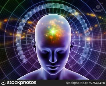 3D Illustration. Mind Halo series. Bold human head against background of radiating abstract elements on the subject of thinking, brain activity, artificial intelligence, mental resources and inner world.