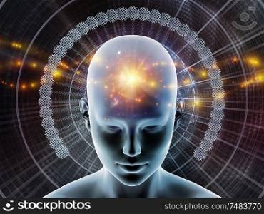 3D Illustration. Mind Halo series. Female head against background of radiating abstract elements on the subject of thinking, brain activity, artificial intelligence, mental resources and inner world.