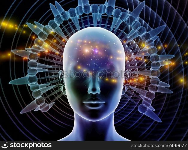 3D Illustration. Mind Halo series. Human head against background of radiating abstract elements on the subject of thinking, brain activity, artificial intelligence, mental resources and inner world.