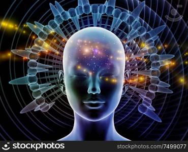3D Illustration. Mind Halo series. Human head against background of radiating abstract elements on the subject of thinking, brain activity, artificial intelligence, mental resources and inner world.