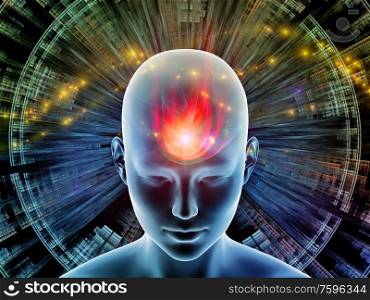 3D Illustration. Mind Halo series. Rendering of human head against background of radiating abstract elements on the subject of thinking, brain activity, artificial intelligence, mental resources and inner world.