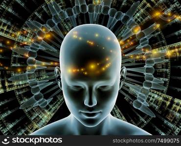 3D Illustration. Mind Halo series. Virtual human head against background of radiating abstract elements on the subject of thinking, brain activity, artificial intelligence, mental resources and inner world.