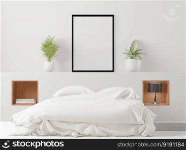 3D illustration Mock up poster frame in bedroom∫erior, Decorated with beautiful and comfortab≤furniture, Rendering