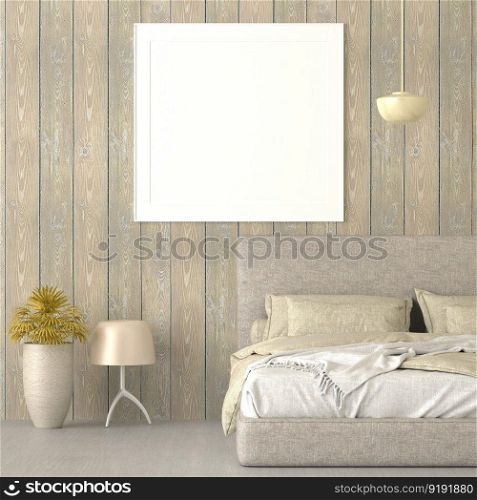 3D illustration Mock up poster frame in bedroom∫erior, Decorated with beautiful and comfortab≤furniture, Rendering