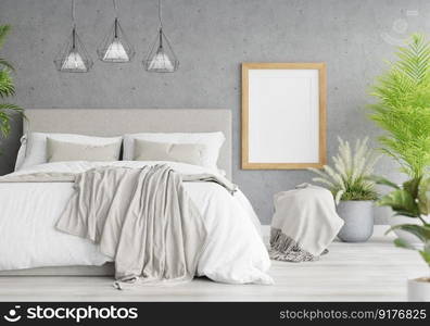 3D illustration Mock up poster frame in bedroom interior, Decorated with beautiful and comfortable furniture, Rendering