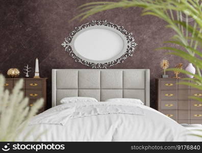 3D illustration Mock up poster frame in bedroom interior, Decorated with beautiful and comfortable furniture, Rendering