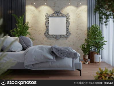 3D illustration Mock up poster frame in bedroom interior, Decorated with beautiful and comfortable furniture, Rendering