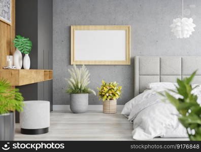 3D illustration Mock up poster frame in bedroom interior, Decorated with beautiful and comfortable furniture, Rendering