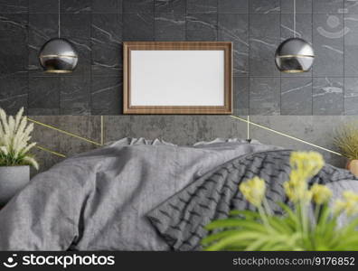 3D illustration Mock up poster frame in bedroom interior, Decorated with beautiful and comfortable furniture, Rendering