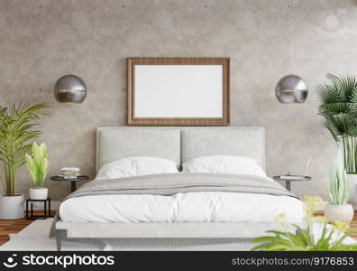 3D illustration Mock up poster frame in bedroom interior, Decorated with beautiful and comfortable furniture, Rendering