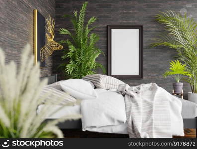 3D illustration Mock up poster frame in bedroom interior, Decorated with beautiful and comfortable furniture, Rendering